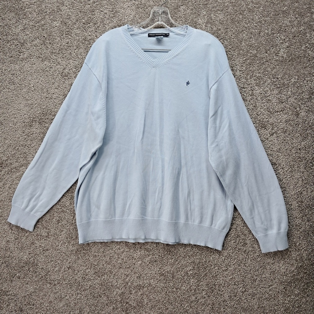 French Connection Mens V-Neck Sweater Light Blue 100% Cotton XXL‎ Pullover